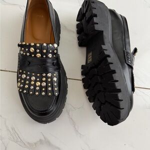 Maje Black Leather Studded Loafers